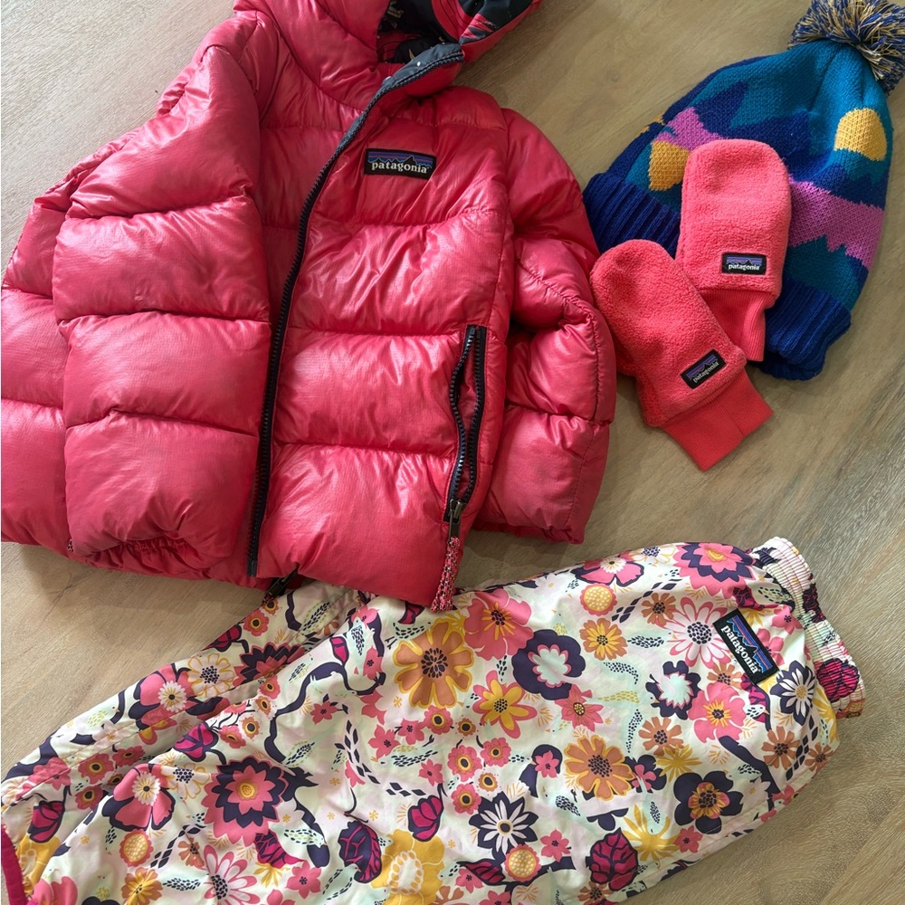 Patagonia Kids Puffer Coat, Snow Pants, Hat and Mittens Set in Hot Pink